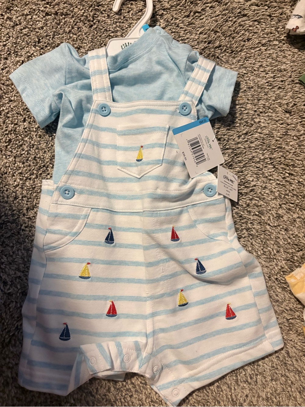Little Me Light Blue and White Striped Sailboat Overalls